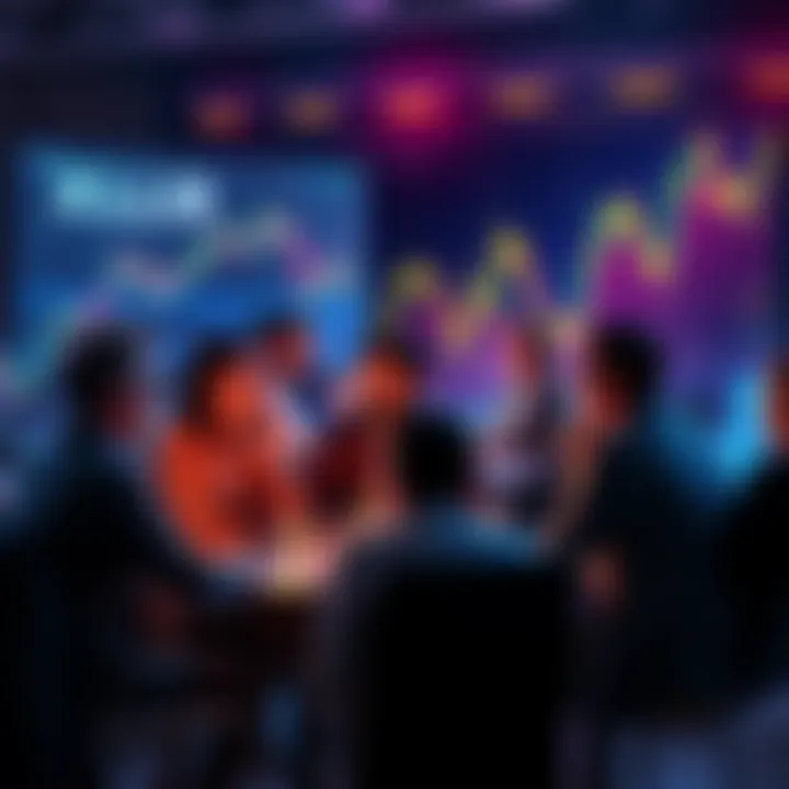 A group of people discussing the future of XLM prices with charts and graphs in the background