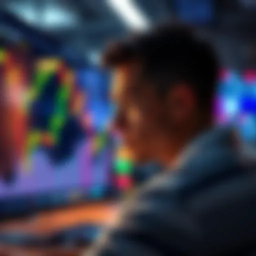 An individual looking at a screen displaying cryptocurrency trading charts and XLM icons, reflecting on their $40,000 earnings from selling XLM.