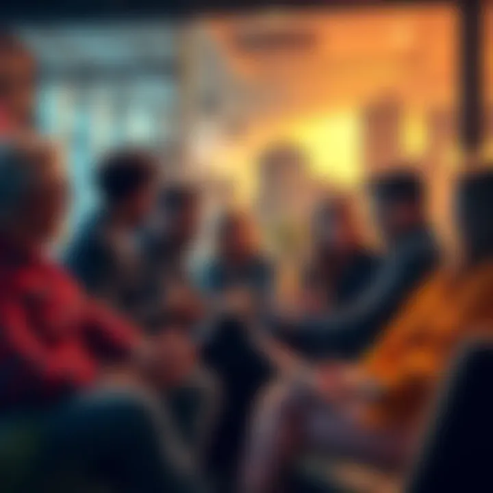 A group of diverse people discussing cryptocurrency in a casual setting, some with laptops and smartphones, showing various expressions of interest and debate.