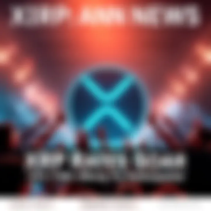 Graphic depicting XRP logo with rising rates and community participants excited about updates