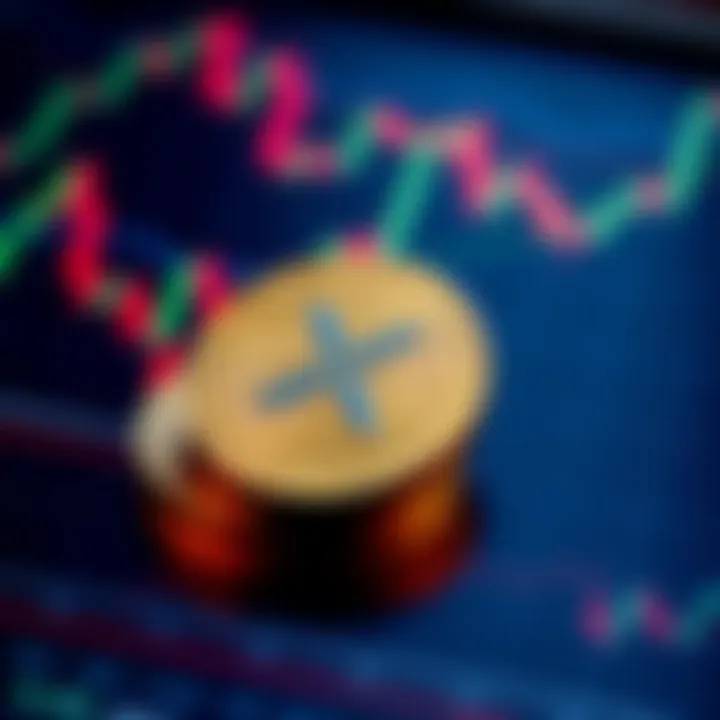 XRP coins placed over a financial chart showing market fluctuations and trends