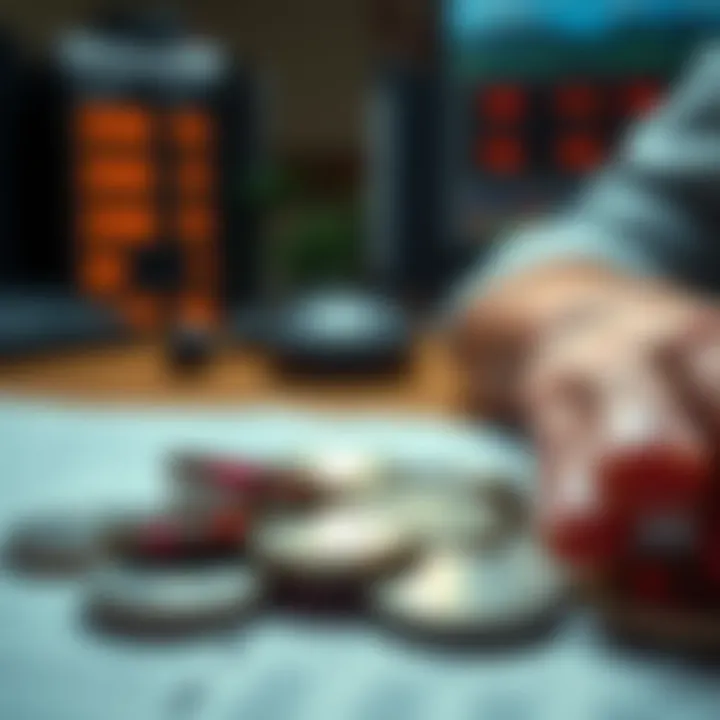 XRP Coins on a Table A close-up of XRP coins on a table with a worried investor's hand nearby