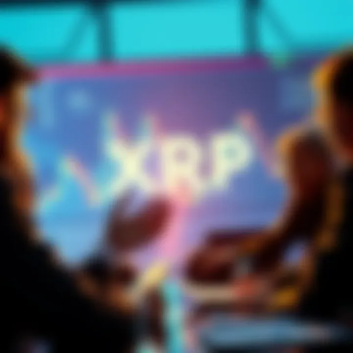 People discussing the potential of XRP cryptocurrency with charts and graphs in the background