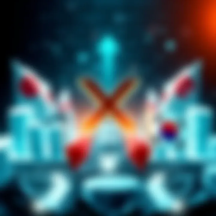 Graphic showing XRP symbol with financial growth arrows and flags of Japan and South Korea, symbolizing global financial change and support from leaders.
