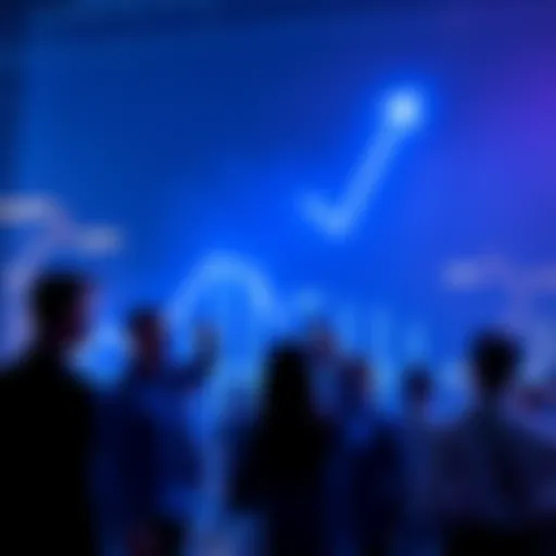 Graph showing XRP price soaring after SEC ruling with upward trend and excited people discussing in the background
