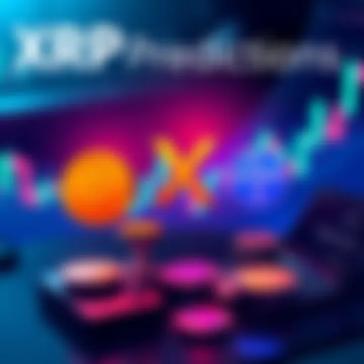 Illustration showing different price predictions for XRP, ranging from $20-30 to $1000-$10,000, with charts and coins in the background.
