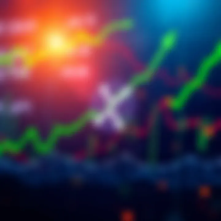 A chart showing the rising trend of XRP prices with green arrows and financial symbols in the background