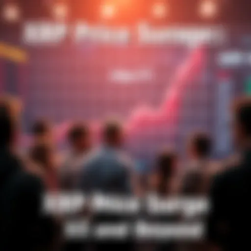 A graphic showing a rising XRP price chart with excited people discussing in the background