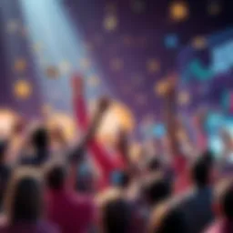 People celebrating the 280% price increase of XRP, with visual elements of charts and coins in the background.