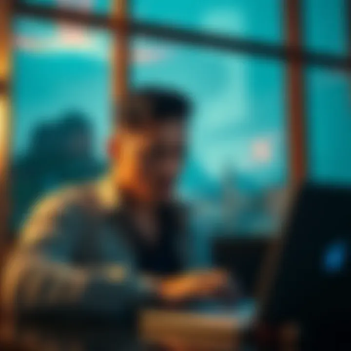 A person looking concerned while using a laptop, with a background hinting at Thailand's landscape, representing the theft of XRP from an Exodus wallet.