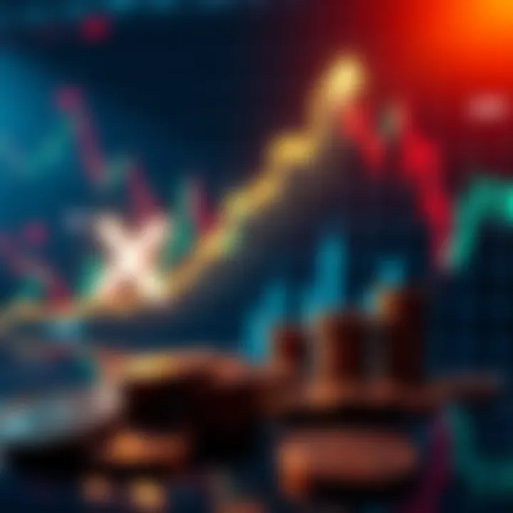 XRP Value Predictions Graph showing XRP price predictions with upward trend, coins and financial charts in the background