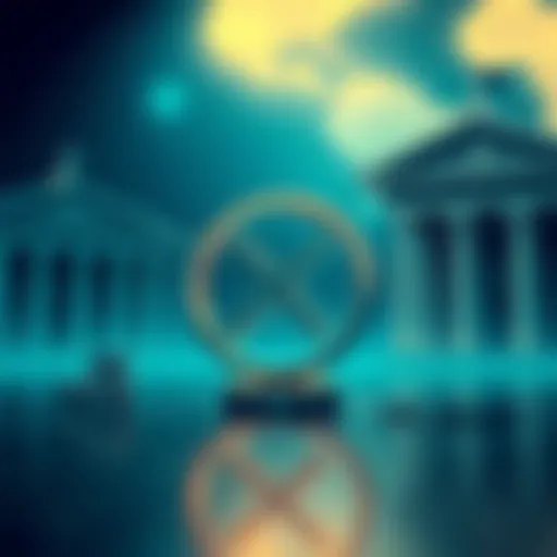 An illustration showing XRP symbol with banks in the background preparing for compliance changes, hinting at financial transformation in 2025.