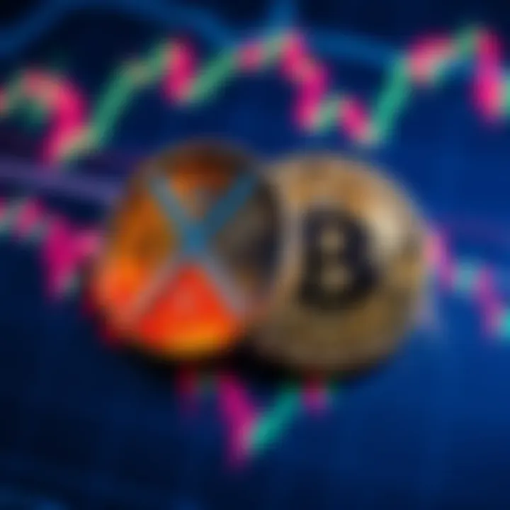 A visual representation of XRP and Bitcoin coins overlaid on a financial chart, showing market trends and investment choices.