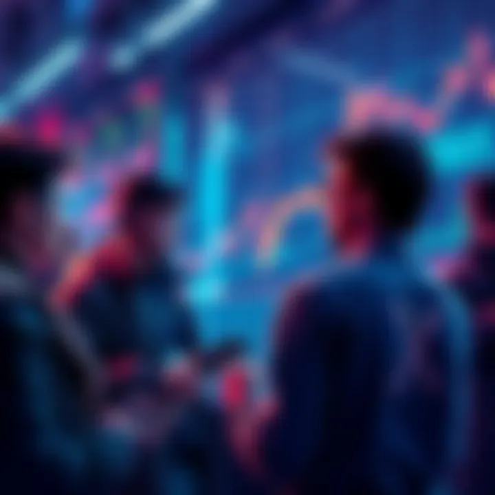 People looking at XRP charts and discussing purchases as prices drop