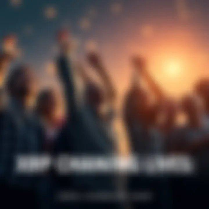 A group of happy people celebrating together, symbolizing financial freedom gained through XRP, with digital currency icons in the background.