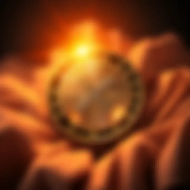 A shining XRP coin surrounded by a soft, glowing light representing divine influence.