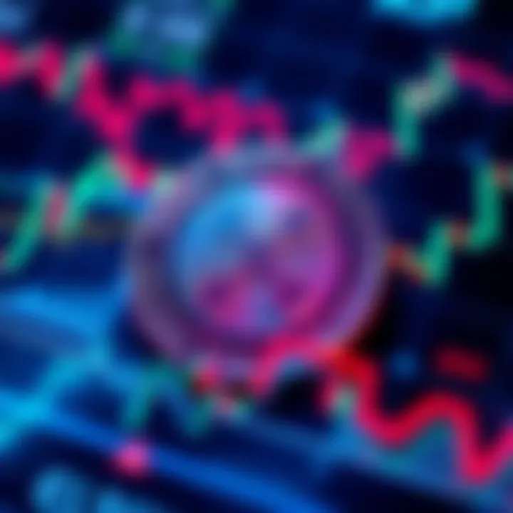 A digital representation of XRP coin surrounded by fluctuating market graphs indicating investment trends