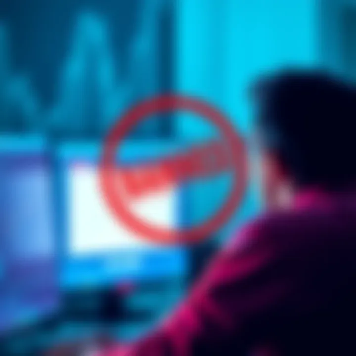 A shocked person looking at their computer screen, displaying a warning about being banned from user boards related to XRP.