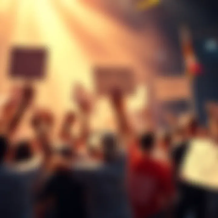 A group of XRP supporters rallying together, discussing strategies to maintain the cryptocurrency's value, holding signs of support and hope.