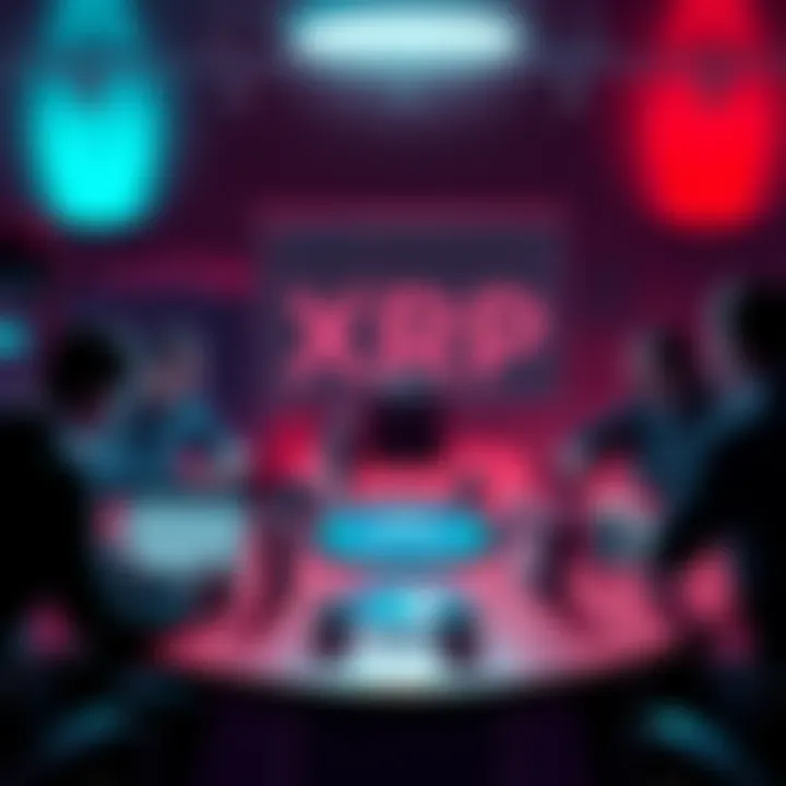 People discussing the future and utility of XRP cryptocurrency at a round table with charts and laptops.