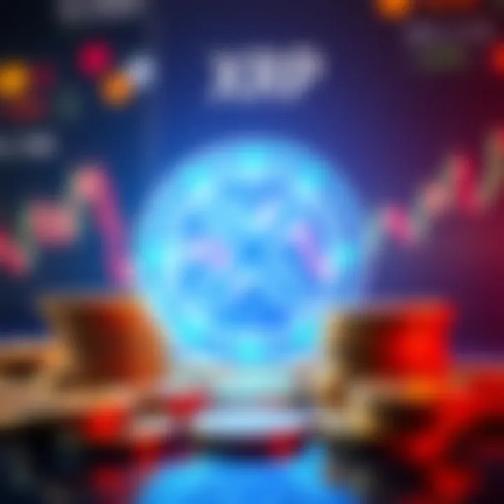 XRP Cryptocurrency Concept A visual representation of XRP cryptocurrency with coins and a digital graph, showing market trends and stablecoin competition.
