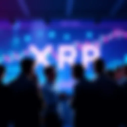 XRP Cryptocurrency Discussion People engaging in conversation about XRP's long-term investment potential, with charts and cryptocurrency symbols in the background.