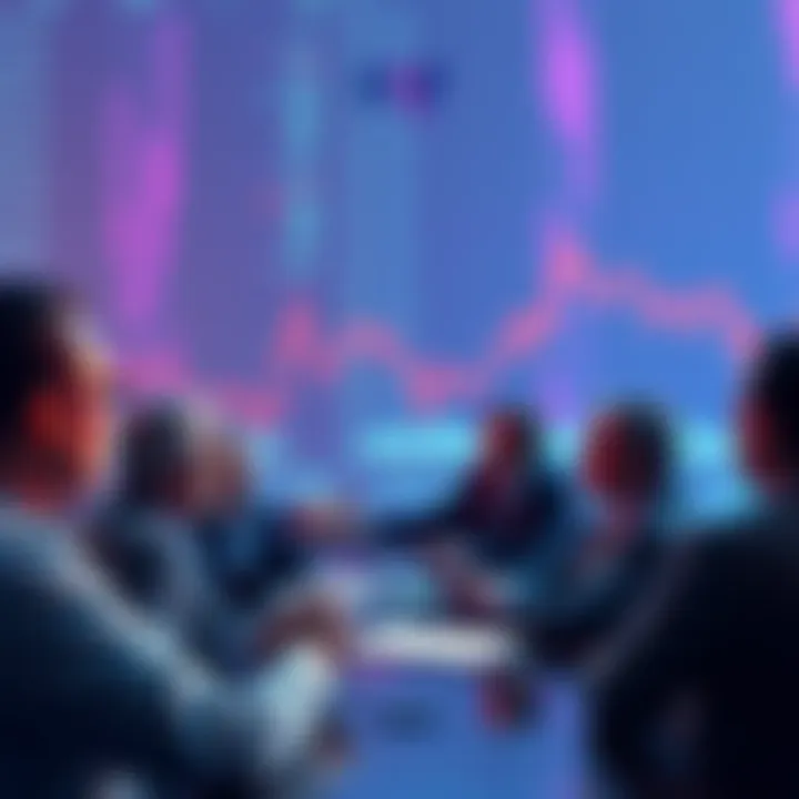 Group of investors discussing XRP ETFs with charts and graphs in the background