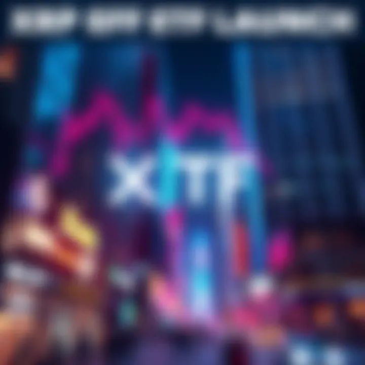 A digital artwork representing the launch of the first XRP ETF in the U.S., showcasing vibrant cryptocurrency symbols with a backdrop of Wall Street.