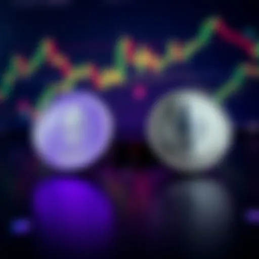 A visual comparison of XRP and Ethereum logos with investment charts in the background