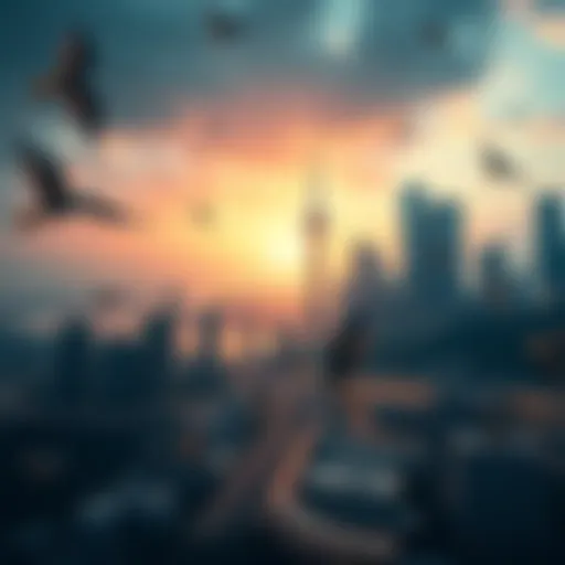 A futuristic city skyline symbolizing financial change with digital currency graphics in the foreground.