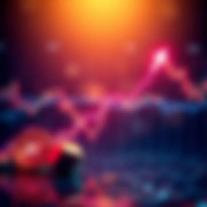 A graphic showing an upward and downward trend in cryptocurrency values with XRP logo and market symbols