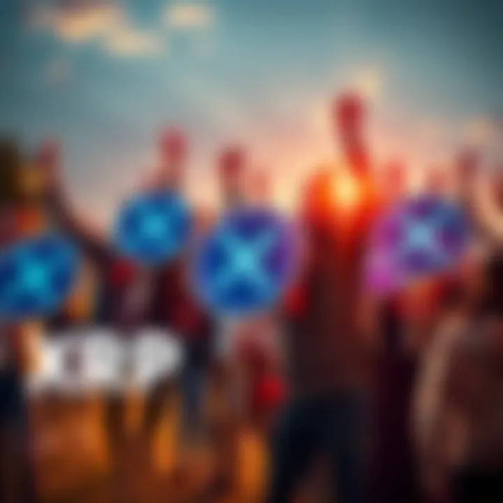 A group of happy people holding XRP signs and celebrating a cryptocurrency milestone outdoors