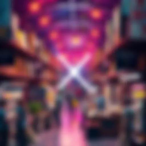 A digital representation of XRP symbol used in a small marketplace with various products and people making transactions.