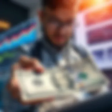 XRP Investment Concept A person examining charts and graphs related to XRP investment potential, with a $10,000 note in the foreground.