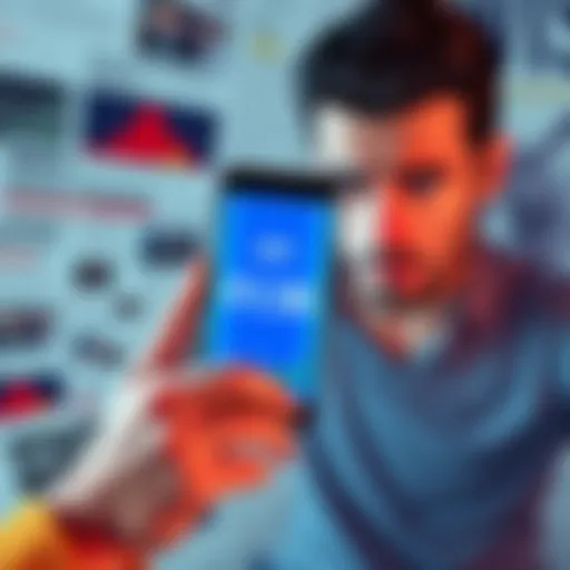 Person holding a smartphone showing XRP price at $1.36 with a concerned expression, set against a backdrop of news articles about global tensions.