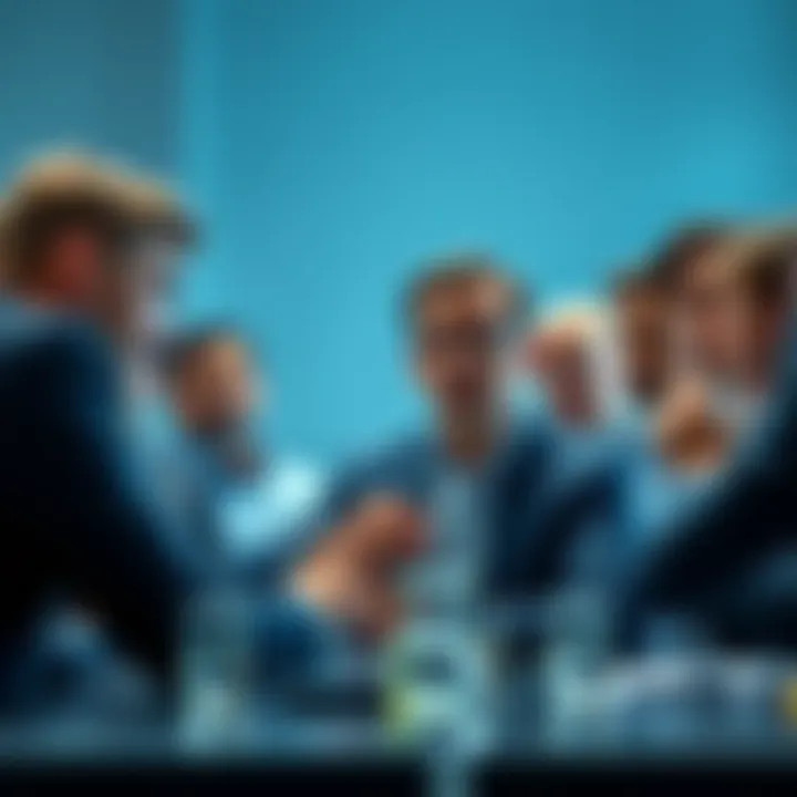 A group of investors discussing XRP, with some looking worried and others confident, symbolizing the split opinions in the community.