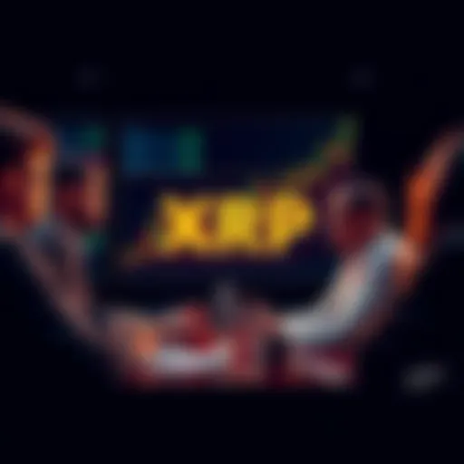 A group of people engaged in a discussion about investing in XRP cryptocurrency, with charts and graphs on a screen in the background.