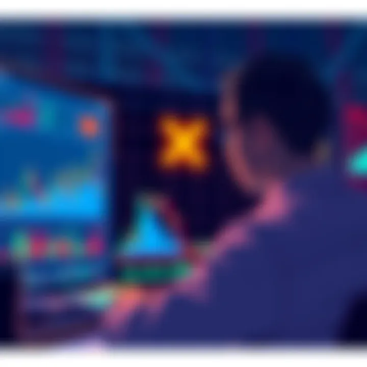 An illustration showing a person analyzing XRP market trends with financial graphs on a screen, highlighting investment strategies.