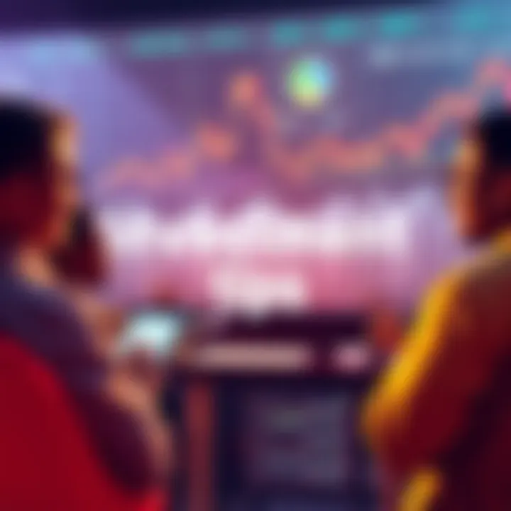 A group of investors discussing strategies for investing in XRP, with charts and graphs in the background