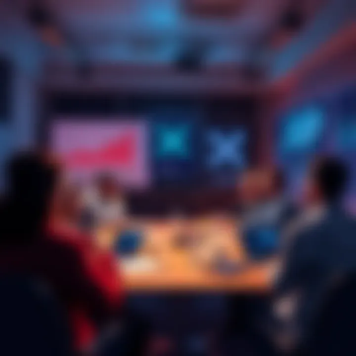 XRP Investment Workshop Group of people discussing cryptocurrency investment strategies at a workshop, with charts and XRP logos on display.