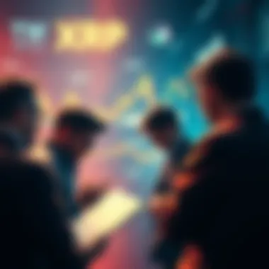 Group of XRP investors looking at charts and graphs with a mix of frustration and determination, representing their commitment to the cryptocurrency
