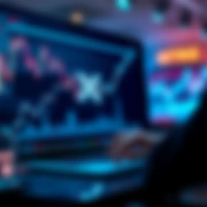 A graphic showing an upward trend line with XRP logo and a person studying market data on a laptop.