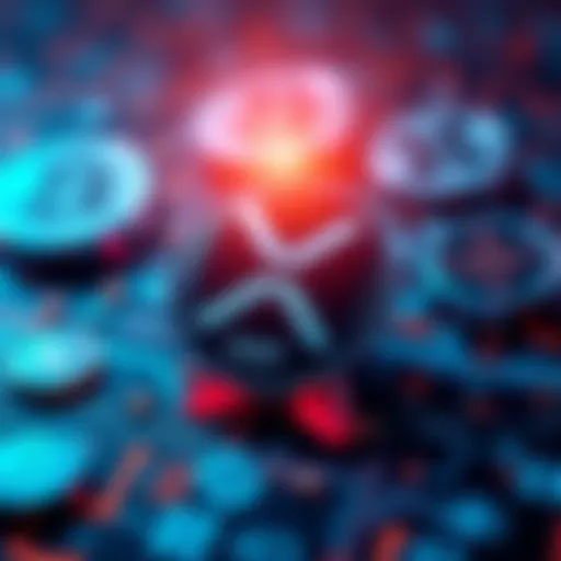 Graphic showing the XRP logo with digital currency symbols in the background