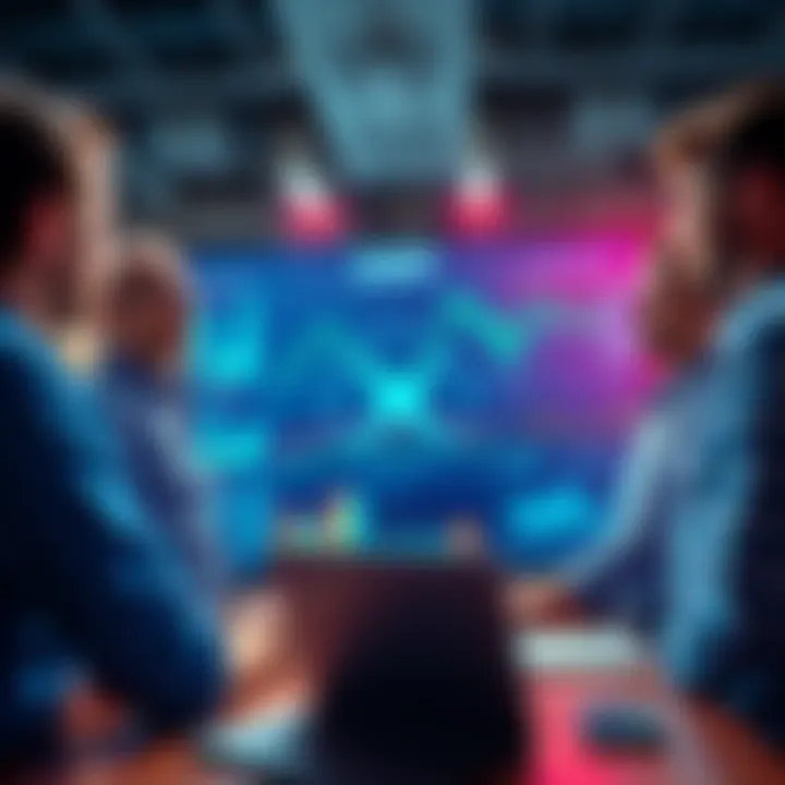 A group of people discussing XRP profits with charts and graphs in an office setting