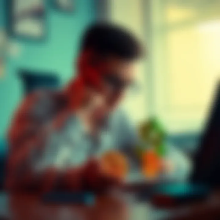 A person thoughtfully considering a retirement plan with 10,000 XRP and Bitcoin symbols on a desk.