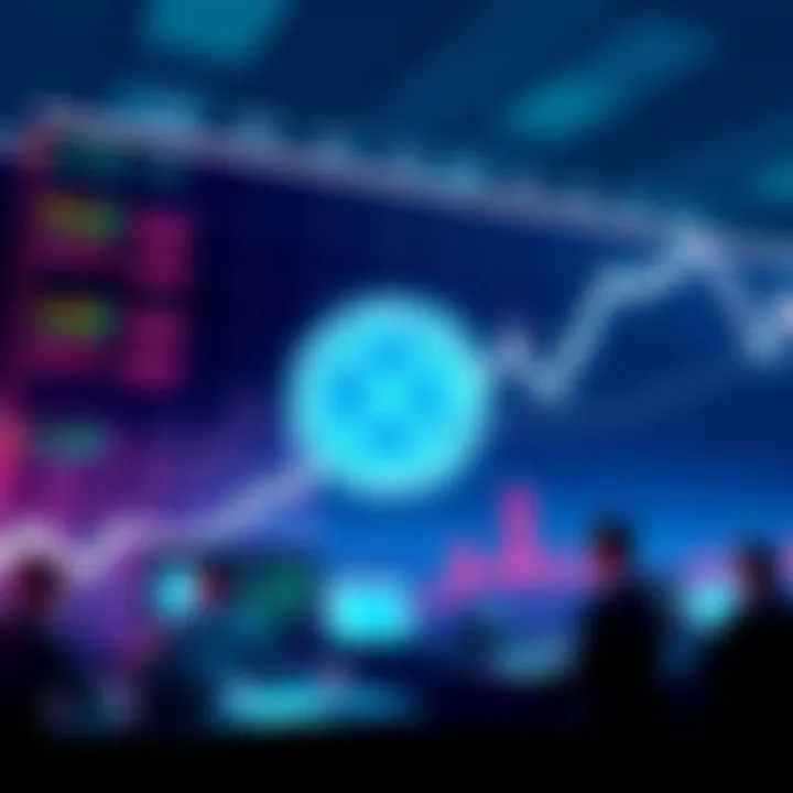 A digital representation of XRP showing a significant price increase, with a chart indicating upward movement and people discussing trading strategies in the background.