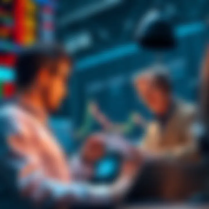 Traders analyzing price charts and discussing whether to sell or hold XRP.