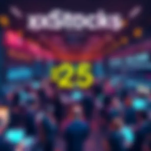 A bustling financial hub with people celebrating xStocks' achievement of $25 billion in tokenized equities transactions, featuring charts and digital screens showing market trends.