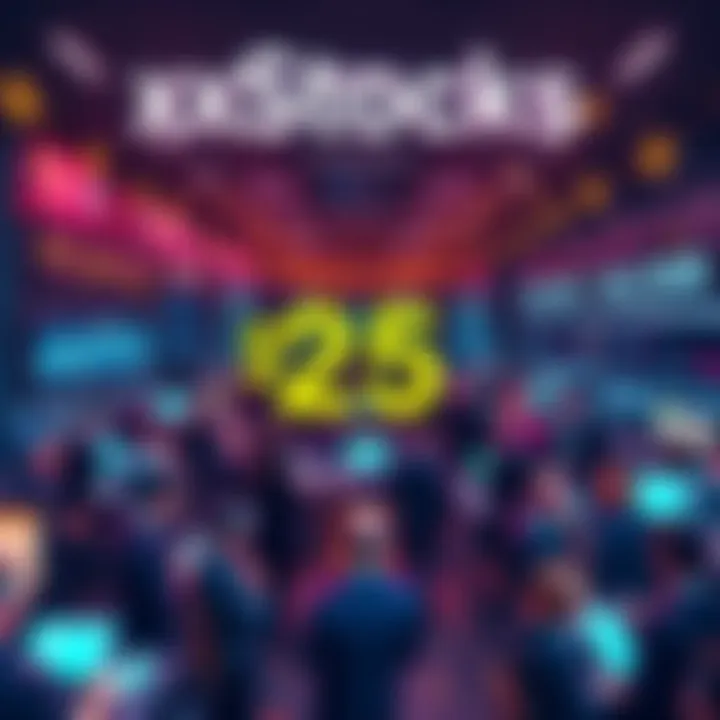 A bustling financial hub with people celebrating xStocks' achievement of $25 billion in tokenized equities transactions, featuring charts and digital screens showing market trends.