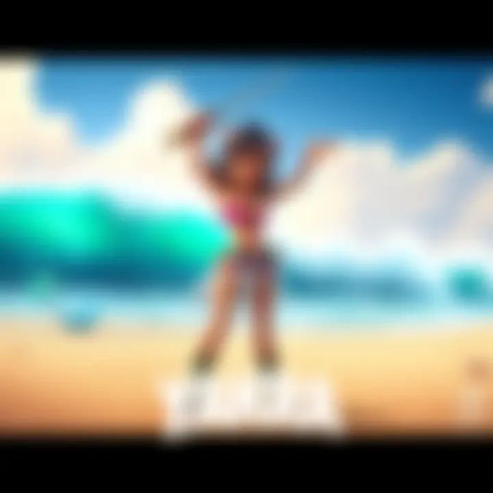 Yakra character standing on a sandy beach with waves in the background, showcasing excitement for her arrival in Beach Story